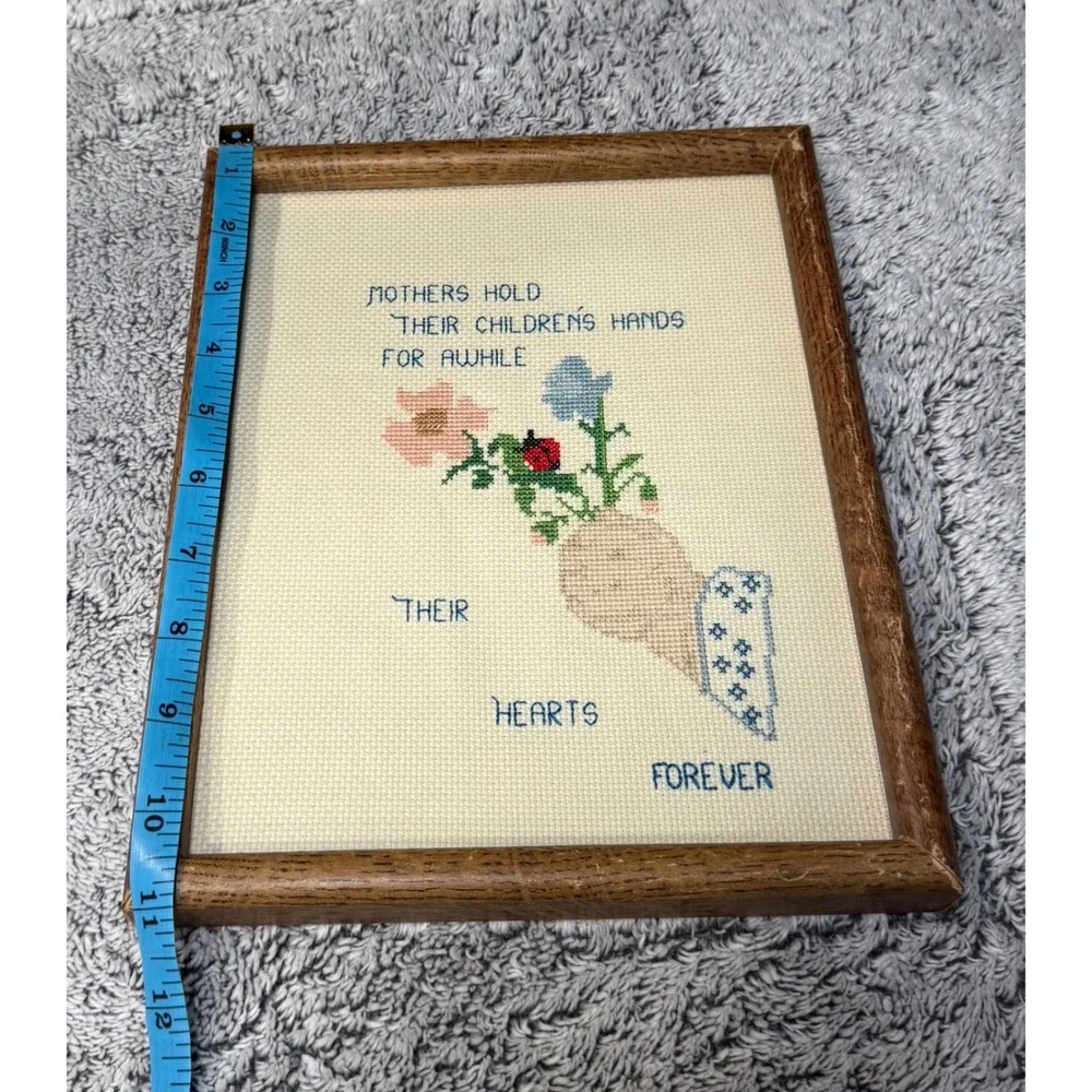 Vintage Framed Cross Stitch Mother Wall Art 9x11 Handmade Cottagecore Blue Flora